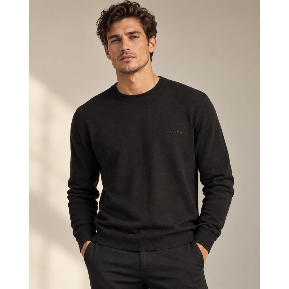 Hugo Boss 100% Wool Crewneck Sweater Men’s Black L Made in Italy Logo Pullover